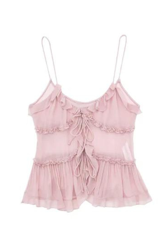 Pink Ruffled Front Tied Semi-sheer Cami