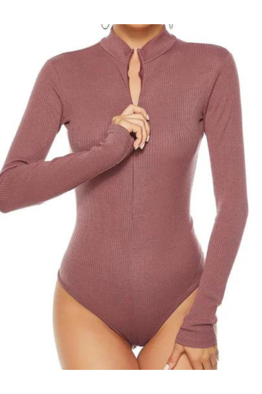 Pink Ribbed Half Zip Long Sleeve Bodysuit