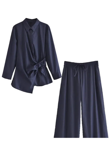 Blue Wrap Button Up & Wide Leg Pants Set