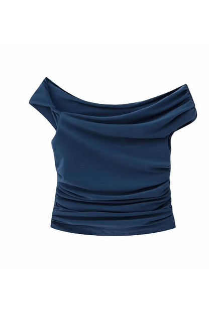 Blue Off The Shoulder Ruched Crop Top