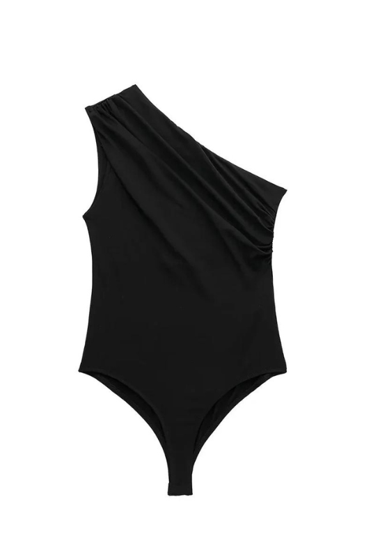 Black Ruched One Shoulder Bodysuit