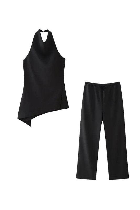 Halter Neck Top & Straight Pants Black Set