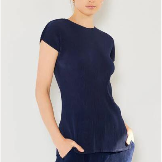 Navy Rib Pleated Cap Sleeve Top