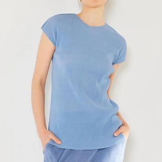 Blue Periwinkle Rib Pleated Cap Sleeve Top