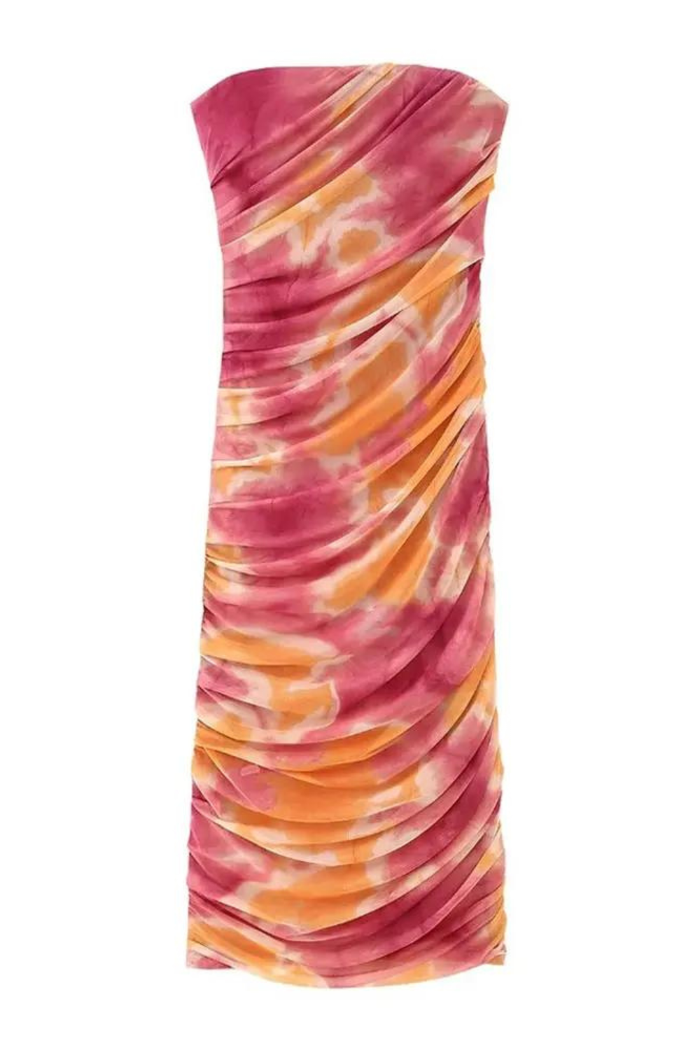 Strapless Printed Ruched Midi Dress