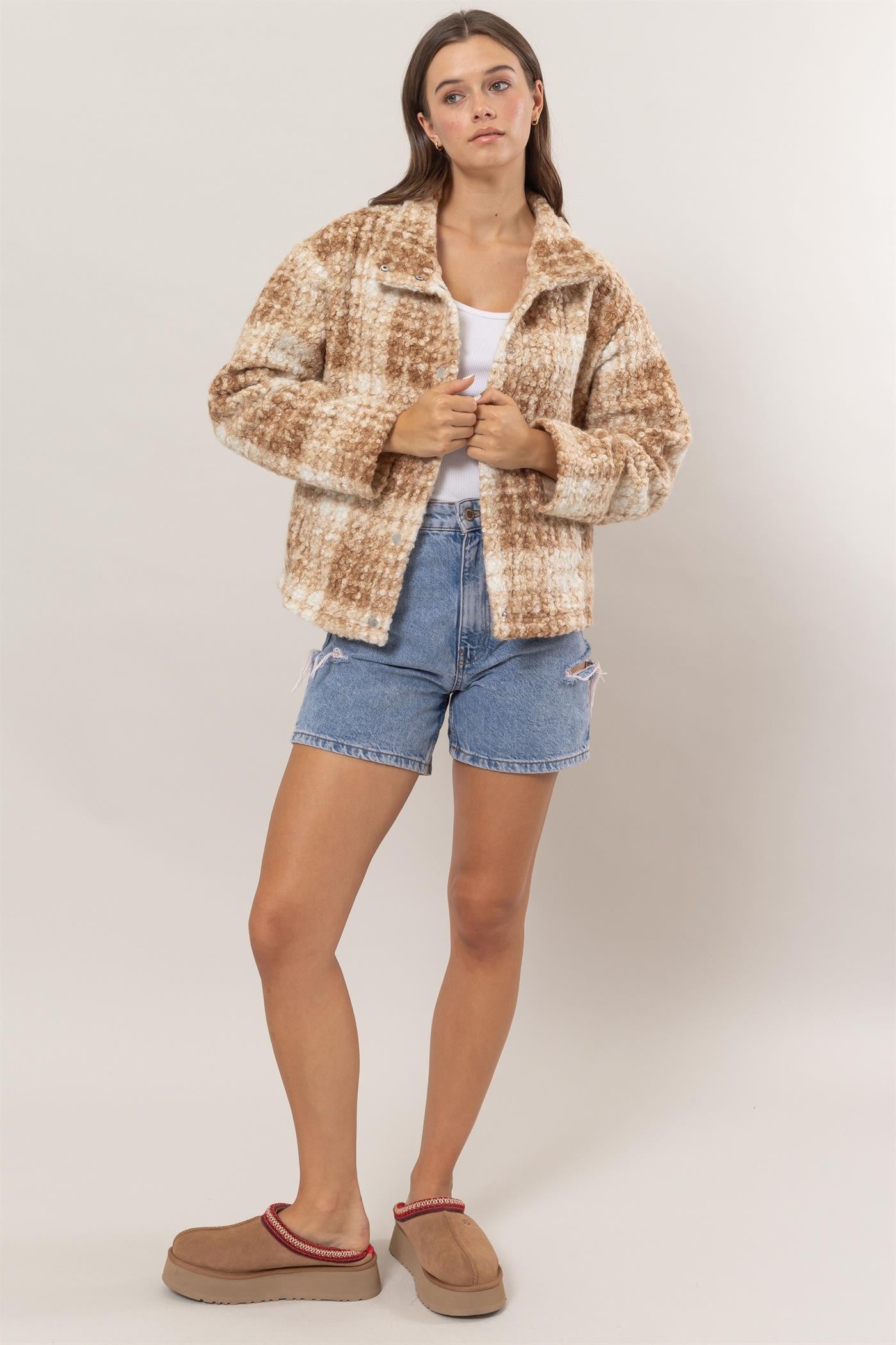 Taupe Plaid Collared Jacket