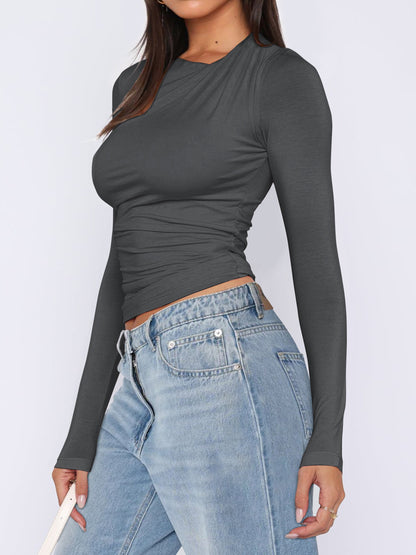 Ruched Asymmetrical Neck T-Shirt