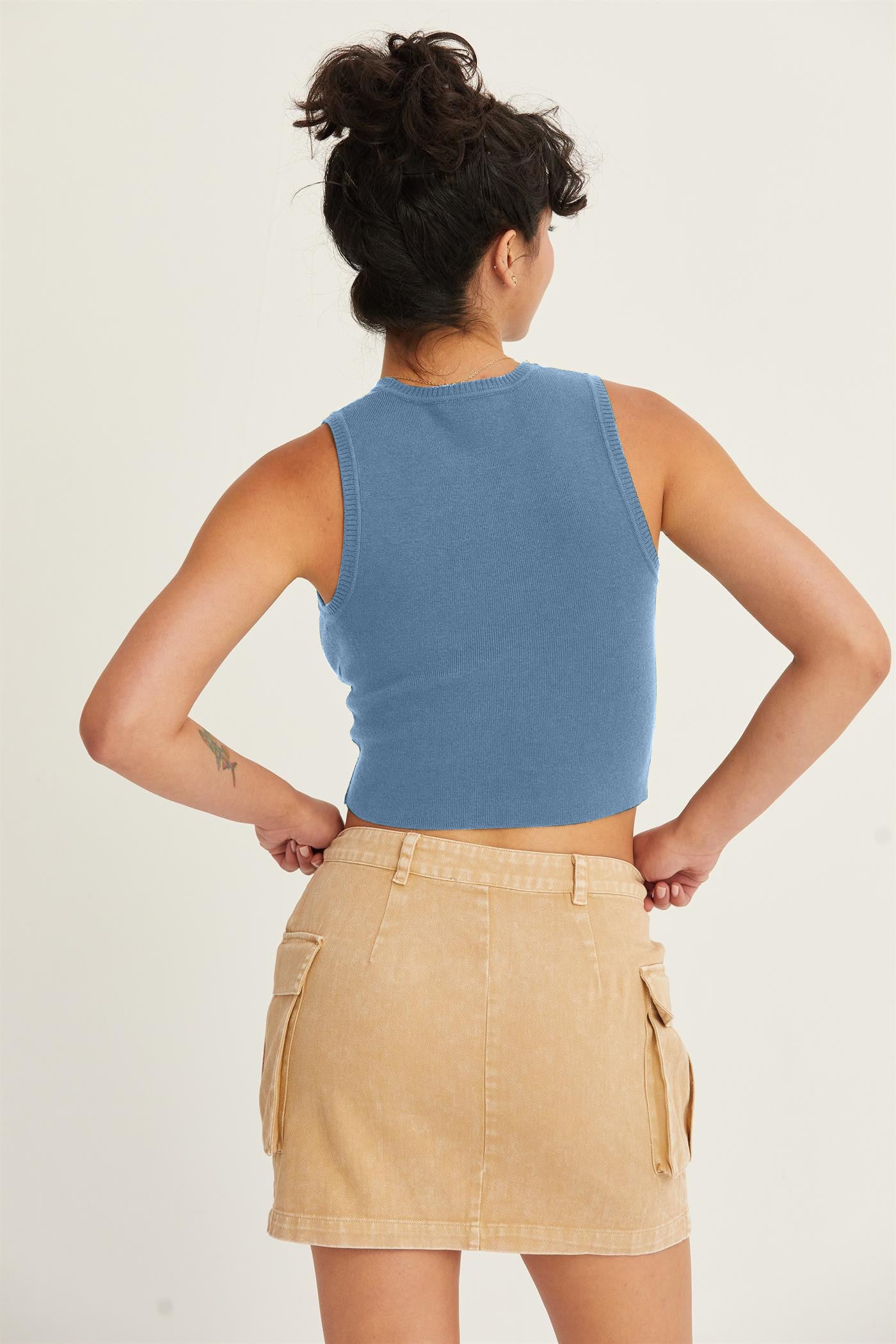 Blue Ribbed Knit Cropped Tank