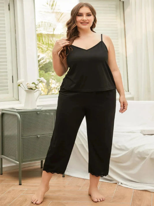 Lace Trim Slit Cami and Pants Pajama Set