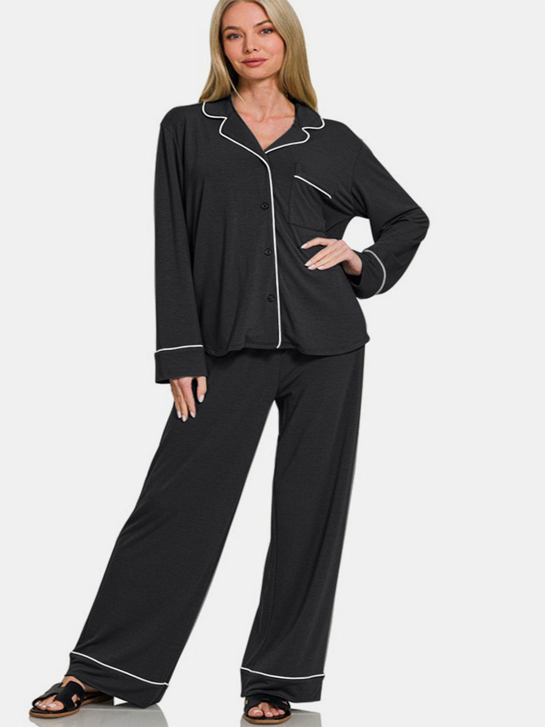 Black Buttoned PJ Set