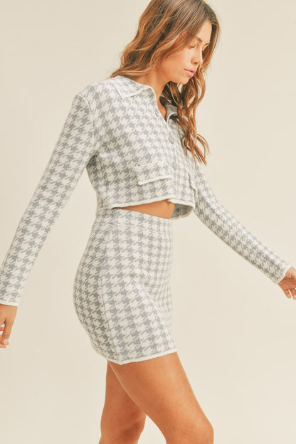 Blue Houndstooth Cropped Cardigan & Skirt Set