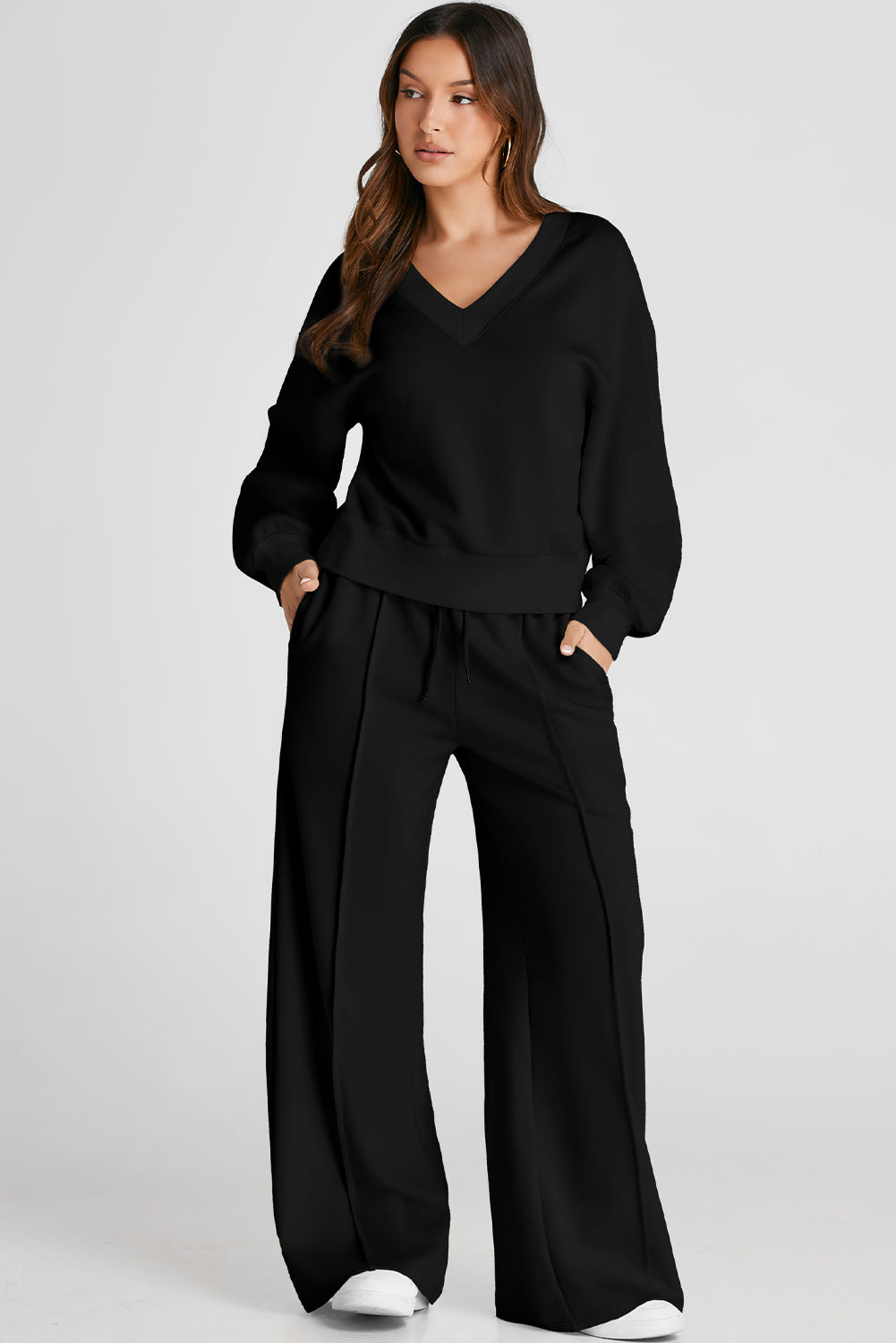 Black V-Neck Top and Pants Set