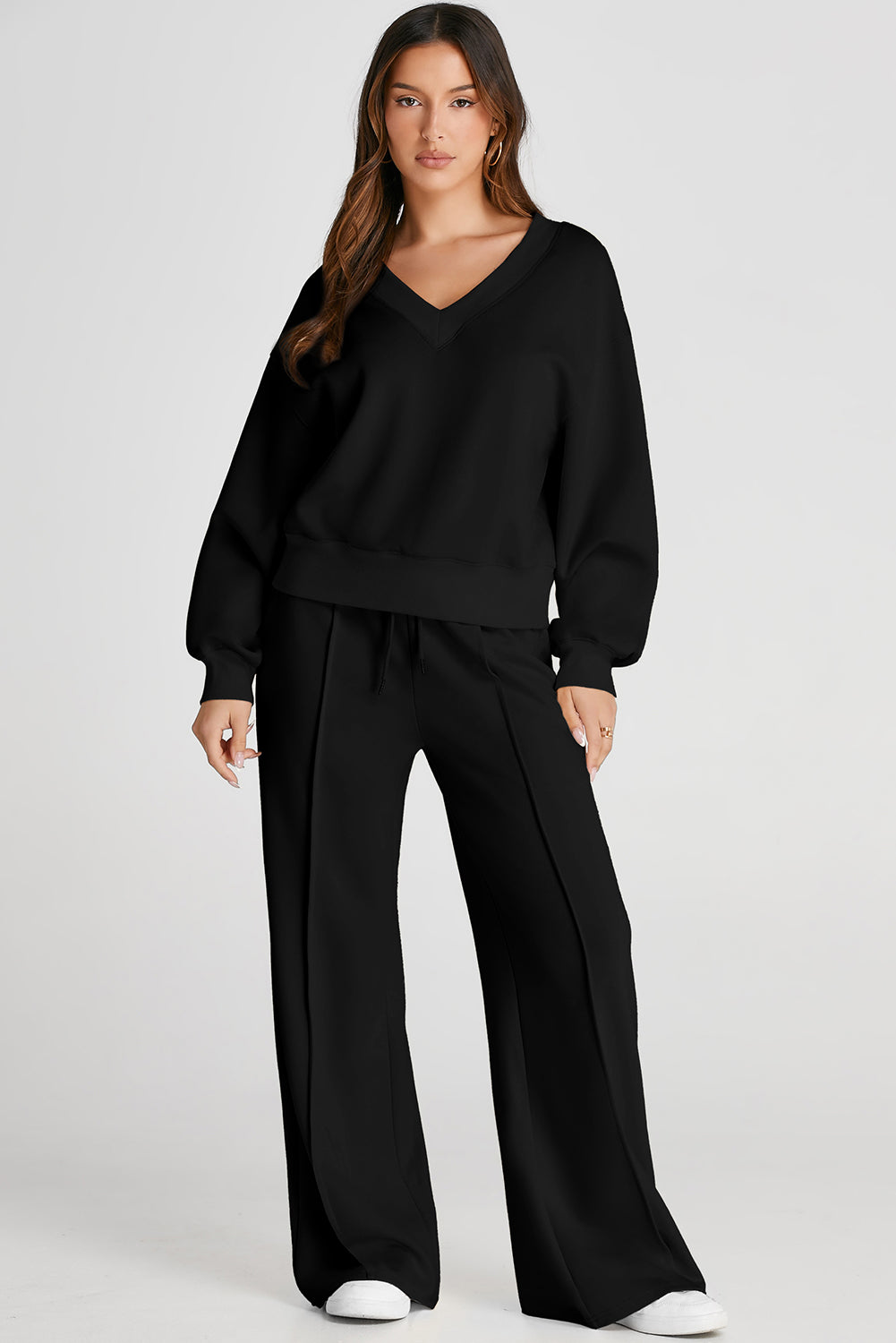 Black V-Neck Top and Pants Set