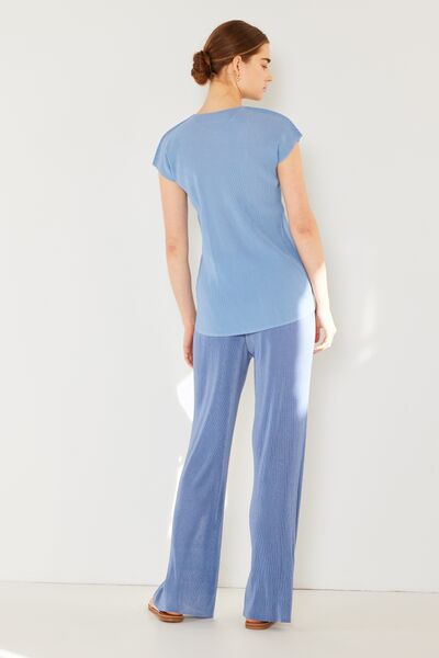 Blue Periwinkle Rib Pleated Cap Sleeve Top