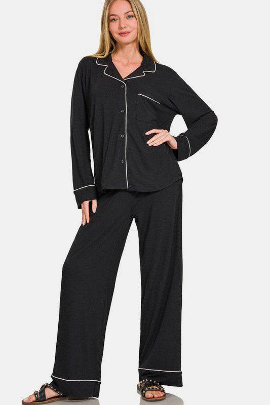 Black Buttoned PJ Set