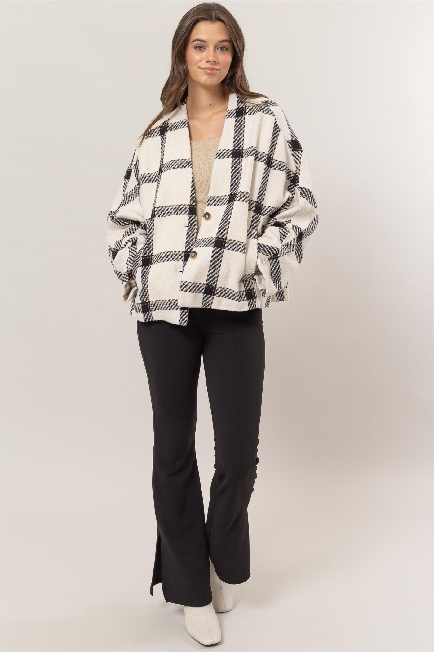 Cream Plaid Side Slit Jacket