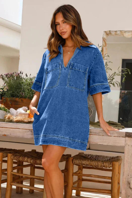 Collar Half Sleeve Denim Dress