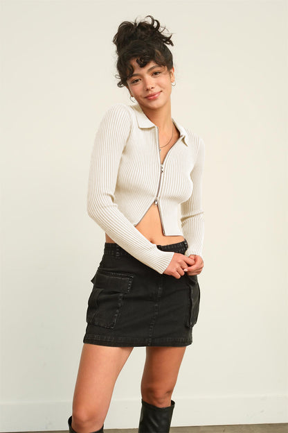 Cream Double Zip Cropped Cardigan