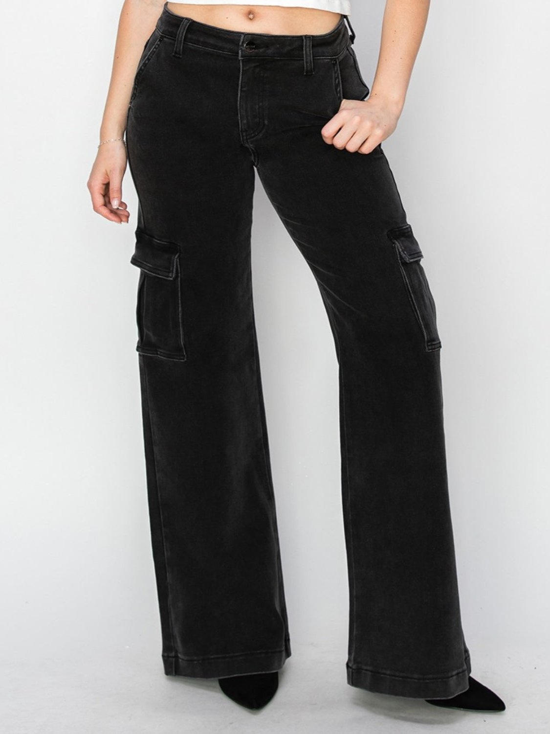 Black High Rise Wide Leg Cargo Jeans