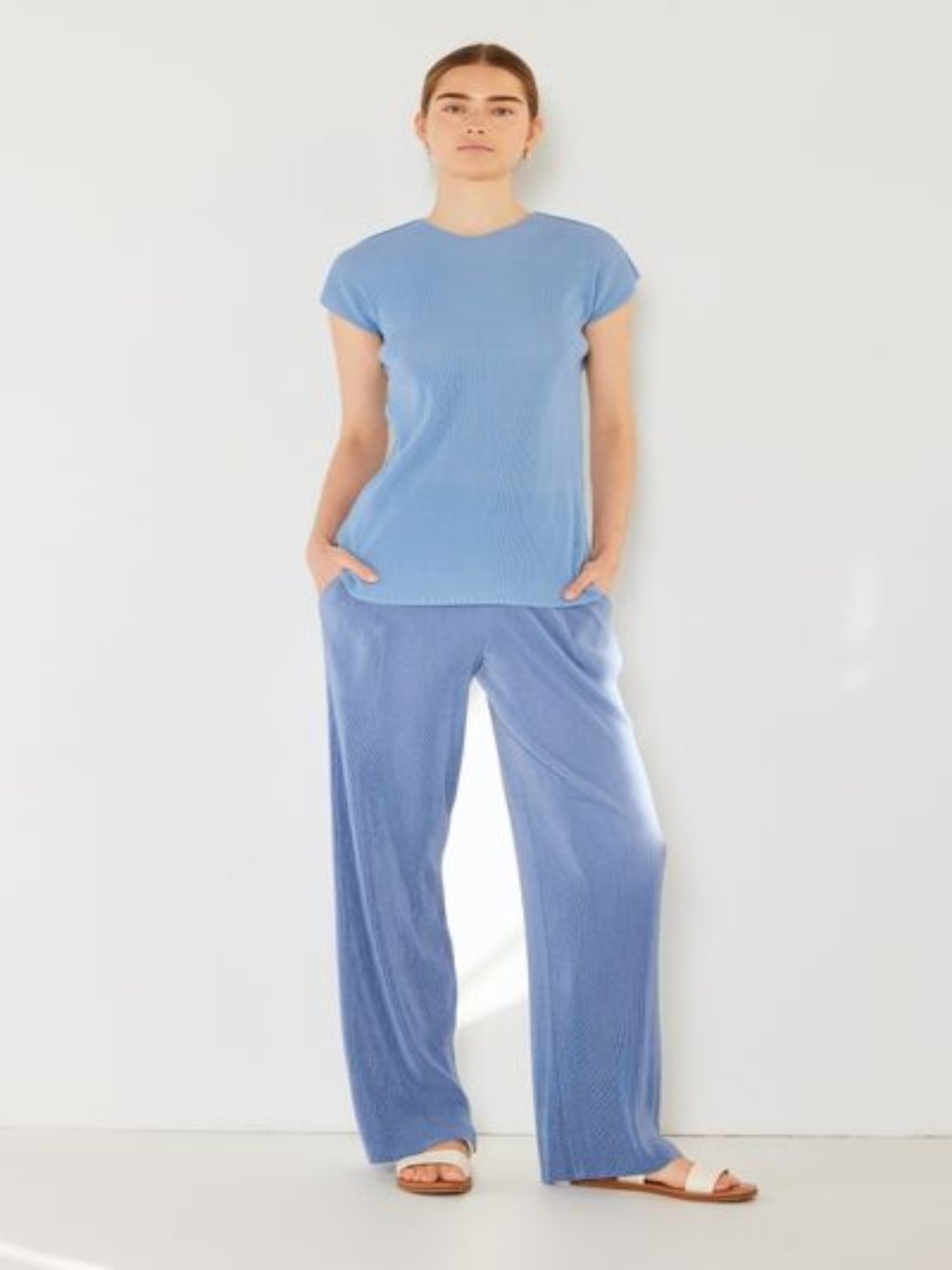 Rib Elastic-Waist Wide Leg Pants