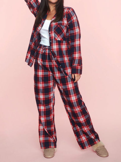 Plaid Collared Top and Pants Set