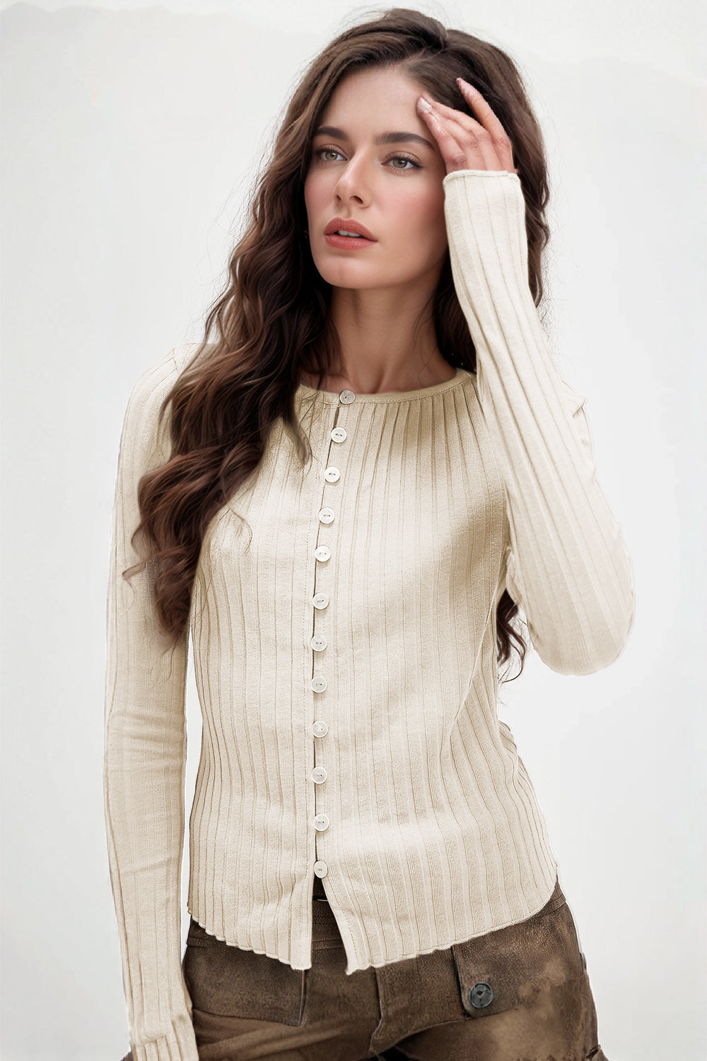 Texture Button Round Neck Top