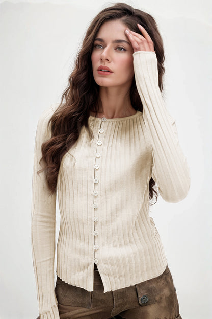 Texture Button Round Neck Top