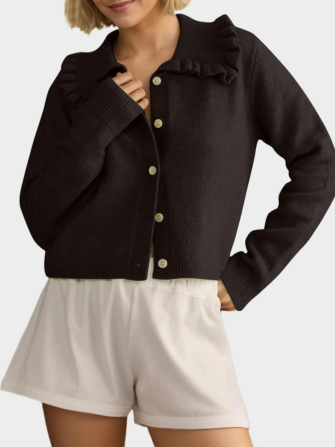 Frill Button Up Collared Cardigan