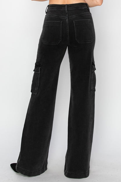 Black High Rise Wide Leg Cargo Jeans