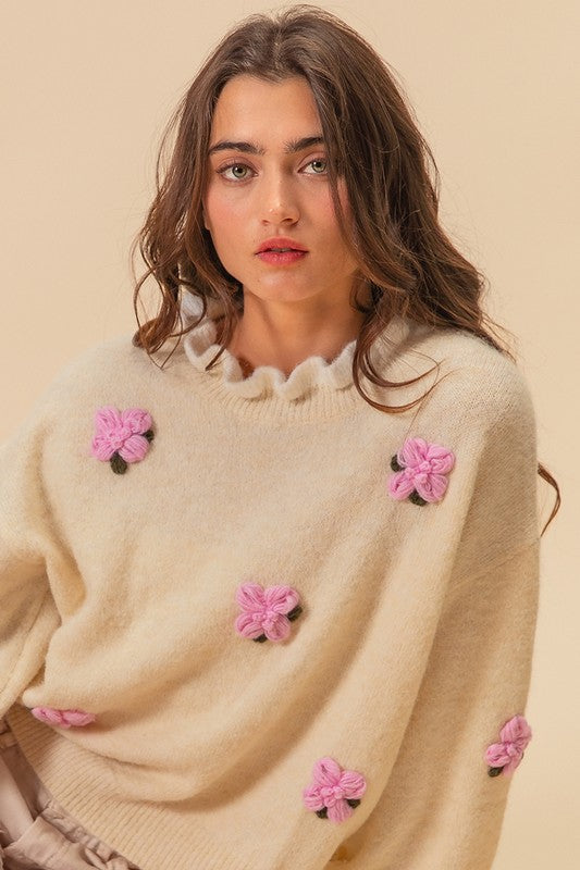 Ruffled Crochet Flower Sweater