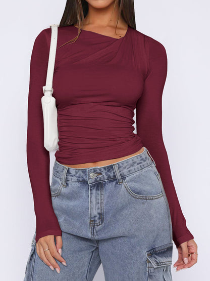 Ruched Asymmetrical Neck T-Shirt