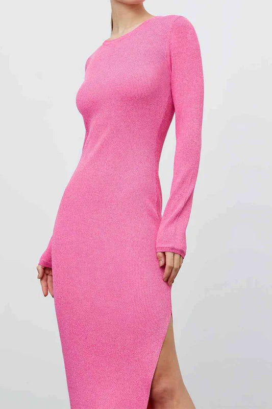 Round Neck Slit Sweater Dress